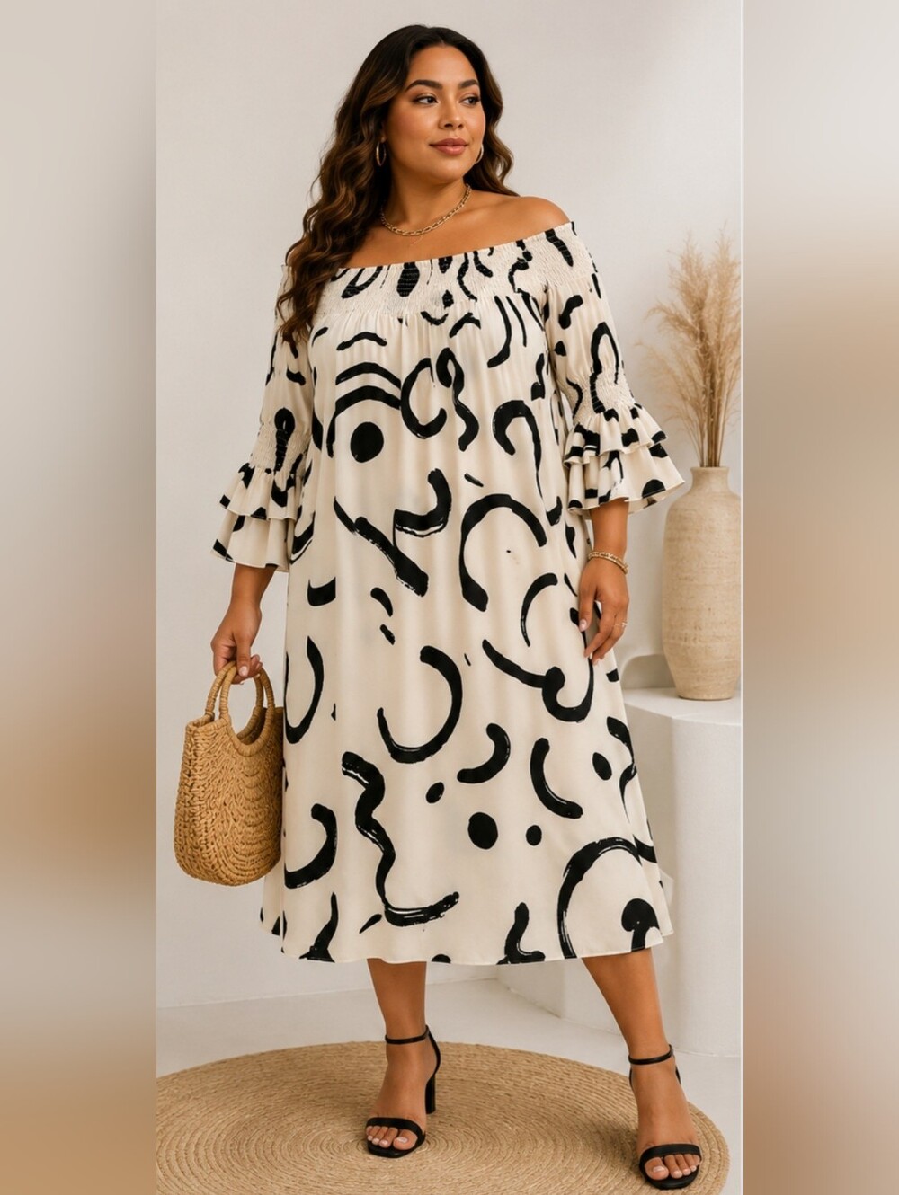 CHICME 3X Off Shoulder Abstract Print Midi Dress Ruffle Sleeve Boho Dress